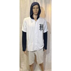 Hollister Mens Baseball Tee Long Sleeve Navy/White Striples Logo Size Large Hood